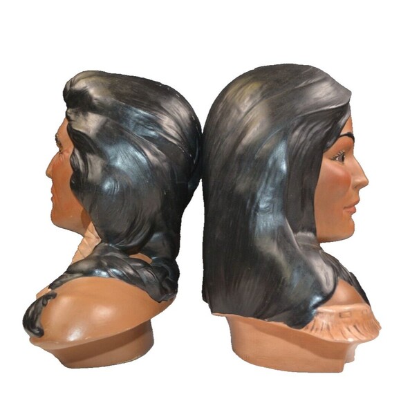 Vintage Native Americans Ceramic Head Bust Statues Hand Painted 11" H x 11" W - Picture 6 of 7